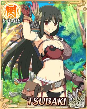 1girl alternate_costume archery armband armor arrow_(projectile) asymmetrical_gloves belt belt_buckle belt_pouch bikini_armor black_hair black_panties blue_sky blunt_bangs blush border bow_(weapon) bra breasts brown_belt brown_bra brown_eyes brown_gloves buckle building bush card_(medium) character_name chimney cleavage closed_mouth collarbone compound_bow day detached_collar english_text fantasy forest game_cg garter_belt gloves grass hair_ornament hime_cut holding holding_arrow holding_bow_(weapon) holding_weapon house large_breasts leaf linea_alba long_hair looking_at_viewer midriff mismatched_gloves muneate nature navel official_alternate_costume official_art outdoors panties pouch quiver red_eyes revealing_clothes senran_kagura senran_kagura_new_wave shiny_skin shirt shoulder_armor single_shoulder_pad sky smile solo standing sunlight thighhighs tree tsubaki_(senran_kagura) underwear weapon