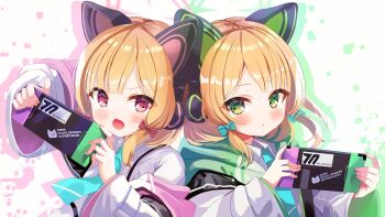 absurdres akiyuki_nagi animal_ear_headphones animal_ears blonde_hair blue_archive blue_necktie blush bow cat_ear_headphones cat_ears collared_shirt fake_animal_ears green_eyes hair_bow halo handheld_game_console headphones highres jacket midori_(blue_archive) momoi_(blue_archive) necktie nintendo_switch open_mouth parted_lips red_bow red_eyes shirt short_hair siblings sisters twins upper_body white_background white_jacket white_shirt wide_sleeves