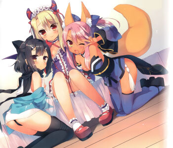 10s 3girls :3 ;d absurdres animal_ears ass black_hair black_legwear black_panties black_scarf blonde_hair blue_legwear blush bow breasts brown_eyes chloe_von_einzbern choker clog_sandals convenient_censoring cosplay cum cum_on_clothes dark-skinned_female dark_skin detached_collar detached_sleeves dress dutch_angle fate/extra fate/grand_order fate/kaleid_liner_prisma_illya fate_(series) flat_chest fox_ears fox_tail from_behind girl_sandwich gloves hair_bow hair_ornament hair_over_breasts hairband hairclip half_updo highres horn_ornament horn_ribbon horns illyasviel_von_einzbern illyasviel_von_einzbern_(halloween_petite_devil) indoors japanese_clothes kimono kneeling koha-ace loli lolita_hairband looking_at_viewer miyu_edelfelt multiple_girls nipples no_panties obi off_shoulder okita_souji_(fate) okita_souji_(koha-ace) okita_souji_(koha-ace)_(cosplay) okobo on_bed one_eye_closed open_mouth panties pelvic_curtain pink_hair platform_clogs platform_sandals ponytail purple_dress red_eyes red_gloves ribbon sandals sandwiched sash sazaki_ichiri scan scarf shinsengumi short_kimono sidelocks sitting small_breasts smile socks tail tamamo_cat_(fate) tamamo_no_mae_(fate) tamamo_no_mae_(fate)_(cosplay) thighhighs thighs underwear v v_over_eye voice_actor_connection white_legwear yellow_eyes