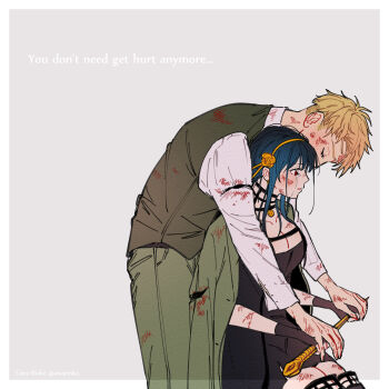 1boy 1girl awarinko black_hair bleeding blonde_hair blood blood_on_clothes blood_on_face blush bruise bruise_on_face closed_mouth collared_shirt crying crying_with_eyes_open cuts dagger dirty dirty_clothes dirty_face dress dress_pants english_text formal_clothes green_suit hairband highres husband_and_wife injury jacket jewelry knife long_hair long_sleeves open_mouth pants red_eyes scratches shirt short_hair sidelocks simple_background spiked_hairband spikes spy_x_family stiletto_(weapon) suit tears torn_clothes twilight_(spy_x_family) two-sided_dress two-sided_fabric weapon yor_briar