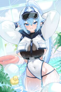 Rule 34 | 1girl, absurdres, arms behind head, baby animal, bird, blue eyes, blue hair, blurry, blurry foreground, blush, breasts, character pria, chick, cloud, cloudy sky, commentary request, commission, covered navel, crossed bangs, depth of field, goggles, goggles on head, groin, gurami (zangizarang), hair between eyes, hair intakes, highleg, highres, innertube, korean commentary, large breasts, long hair, long sleeves, looking at viewer, original, pointy ears, ponytail, pool, rubber duck, second-party source, sky, smile, swim ring, swimsuit, thighs, wading, water, wet