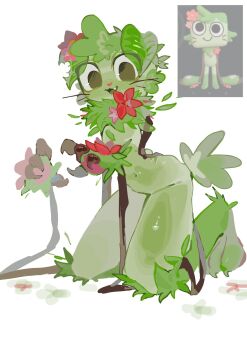1boy :3 :d androgynous animal_ears animal_nose arched_back barefoot black_eyes claws commentary dandy's_world dog_boy dog_ears dog_tail downturned_eyes english_commentary eyes_visible_through_hair fang fewer_digits flower freckles from_below from_side full_body furry furry_male goob_(dandy's_world) green_fur green_hair green_tail hands_up heart highres kneeling kuroda_(gen3uwmujrozfy6) leaf long_arms male_focus navel neck_fur no_pupils official_alternate_color official_alternate_costume official_alternate_skin_color official_art_inset open_mouth pink_flower red_flower reference_inset roblox short_hair simple_background smile solo tail tareme toes tongue very_short_hair white_background