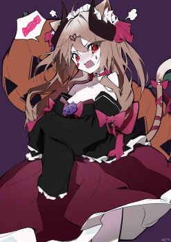 1girl absurdres artist_name bare_shoulders black_horns black_shirt breasts broken_heart broken_heart_hair_ornament brown_hair candy cat_girl cleavage commentary cowboy_shot demon_horns english_commentary evil_neuro-sama flower food from_side hair_ribbon heart highres horns long_hair long_sleeves looking_at_viewer medium_breasts neuro-sama pink_ribbon pink_skirt puff_of_air pumpkin purple_background purple_flower ribbon shirt simple_background skirt solo speech_bubble tail tail_ornament tail_ribbon teardrop_facial_mark two_side_up vedal_ai virtual_youtuber white45838787