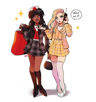 Rule 34 | 2girls, absurdres, animification, bag, black hair, blonde hair, cellphone, cher horowitz, clueless (movie), commentary, dark-skinned female, dark skin, dionne davenport, dreadlocks, english commentary, english text, highres, holding, holding bag, holding phone, jacket, multiple girls, open clothes, open jacket, phone, pianta celi, plaid clothes, plaid skirt, shoes, skirt, speech bubble, standing, very dark skin, white background