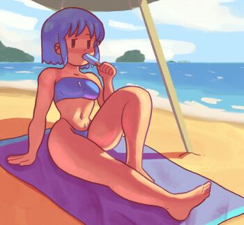 1girl alternate_hairstyle barefoot beach blue_sky braid breasts brown_eyes cloud collarbone dozo_gon expressionless feet food food_in_mouth hand_on_floor holding holding_food holding_popsicle jitome mob_face naganohara_mio navel nichijou outdoors popsicle popsicle_in_mouth short_hair sitting sky small_breasts solo sports_bra towel umbrella water