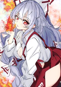 1girl absurdres blunt_bangs blush bow breasts button_gap buttons cleavage clothing_cutout collared_shirt commentary_request covered_erect_nipples cowboy_shot eyelashes film_grain fire fujiwara_no_mokou grey_hair hair_bow hand_up highres hip_vent leaning_forward lips long_hair long_sleeves looking_at_viewer medium_breasts no_bra pants parted_lips pyrokinesis red_eyes red_pants shirt sidelocks simple_background smile solo suspenders touhou unanooo_(fthx7532) very_long_hair white_background white_bow white_shirt