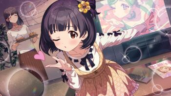 black_hair blowing_kiss closed_eyes controller frills game_cg heart holding idolmaster idolmaster_million_live! idolmaster_million_live!_theater_days imitating leaning_forward magazine_(object) nakatani_iku nakatani_iku&#039;s_mother neck_ribbon official_art one_eye_closed plant red_eyes remote_control ribbon table television tray