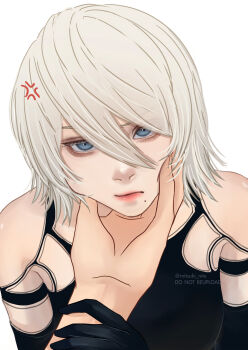 Rule 34 | 1girl, a2 (nier:automata), aegyo sal, android, black gloves, blue eyes, commentary, english commentary, eyelashes, gloves, grey hair, hair between eyes, highres, long hair, looking at viewer, mitsuki nite, mole, mole under mouth, nier:automata, nier (series), parted lips, red lips, simple background, solo, upper body, white background