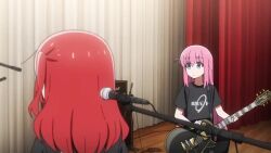 animated anime_screenshot bass_guitar blonde_hair blue_eyes blue_hair bocchi_the_rock! brown_eyes drum drums drumsticks glowstick gotoh_hitori green_eyes guitar hair_ornament hiroi_kikuri ijichi_nijika ijichi_seika instrument kita_ikuyo long_hair microphone multiple_boys multiple_girls pink_hair purple_eyes purple_hair red_hair shirt short_hair side_ponytail sound subtitled t-shirt tagme video yamada_ryo yellow_eyes