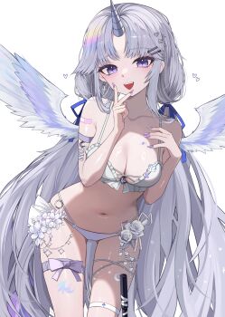 Rule 34 | 1girl, absurdres, armpit crease, ayatsuno yuni, bandaid, bandaid on arm, bikini, blue ribbon, bow, breasts, character name, cleavage, collarbone, commentary request, cowboy shot, crescent, crescent hair ornament, fake nails, fingernails, flower, fluffy hair, frilled bikini, frills, grey bow, grey hair, hair ornament, hair ribbon, hairclip, hand on own chest, hands up, heart, heart hair ornament, highres, kkato, korean commentary, large breasts, long fingernails, long hair, looking at viewer, low twintails, multi-strapped bikini bottom, multicolored wings, navel, open mouth, parallel hairclips, purple eyes, purple nails, ribbon, shiny skin, simple background, smile, solo, standing, star-shaped pupils, star (symbol), star hair ornament, star tattoo, stellive, stomach, swimsuit, symbol-shaped pupils, tattoo, thigh bow, thigh strap, triangle mouth, twintails, unicorn horn, v, very long hair, virtual youtuber, white background, white bikini, white flower, wings