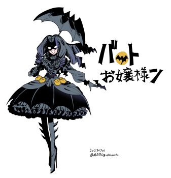 Rule 34 | 1girl, adapted costume, bat-ojousaman, bat signal, batarang, batman, batman (series), belt pouch, commentary request, dated, dc comics, domino mask, dress, drill hair, eye mask, frilled dress, frills, full body, high heels, highres, holding, holding umbrella, holding weapon, lolita fashion, long hair, long sleeves, looking at viewer, mado (mukade tou), mask, open mouth, parasol, pouch, puffy sleeves, skirt, smile, solo, translation request, twitter username, umbrella, weapon