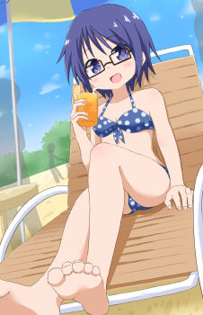 1girl absurdres barefoot beach_umbrella bikini blue_bikini blue_eyes blue_hair blue_sky breasts chair cloud commentary_request commission cynical_(llcbluckg_c004) day drink feet front-tie_bikini_top front-tie_top glasses hidamari_sketch highres juice lounge_chair orange_juice outdoors polka_dot polka_dot_bikini sae_(hidamari_sketch) short_hair skeb_commission sky small_breasts solo swimsuit umbrella