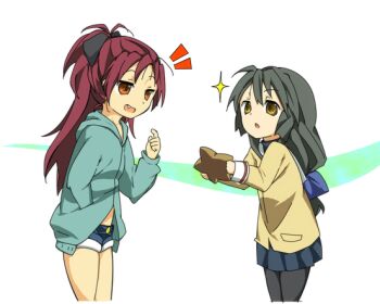 Rule 34 | 00s, 10s, 2girls, :o, boro (tn-boro), bow, brown eyes, clannad, crossover, fang, hair bow, hood, hoodie, ibuki fuuko, long hair, mahou shoujo madoka magica, mahou shoujo madoka magica (anime), multiple girls, nonaka ai, open mouth, pantyhose, ponytail, red hair, sakura kyoko, school uniform, shorts, starfish, voice actor connection