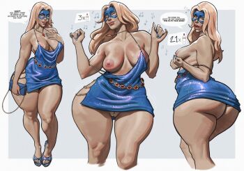 1girl ass bag blonde_blazer blonde_hair blue_bag blue_dress breasts commentary dispatch dress english_commentary english_text handbag huge_ass jewelry large_breasts long_hair multiple_views necklace nipples pussy sleeveless sleeveless_dress speech_bubble thatmfdiego thick_thighs thighs