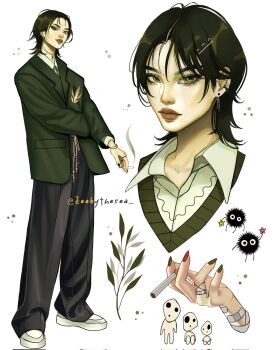 1girl baggy_pants bandaged_arm bandages bandaid bandaid_on_arm black_pants blazer bracelet brown_eyeshadow brown_lips cigarette closed_mouth collared_shirt cord_choker cropped_head ear_piercing earrings elbow_on_arm eyelashes fingernails freckles green_eyes green_hair green_jacket green_nails hair_ornament hairclip highres holding holding_cigarette jacket jewelry kodama long_fingernails looking_at_viewer multicolored_nails original oversized_jacket pants parted_bangs piercing red_nails ring shirt shoes sneakers standing susuwatari thick_eyebrows thick_lips twitter_username two-tone_nails white_shoes wolf_cut zeebythesea