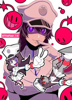 Rule 34 | 1girl, bambietta basterbine, belt, black belt, black hair, bleach, bleach: sennen kessen-hen, buckle, buttons, cherry, cherry bomb, chibi, chibi inset, commentary, double-breasted, finger in own mouth, food, fruit, gloves, hat, heart, heart-shaped buckle, highres, jacket, long hair, long sleeves, looking at viewer, mantis-f, military hat, military uniform, multiple views, open mouth, purple eyes, spanish commentary, twitter username, upper body, wandenreich uniform, white background, white gloves, white hat, white jacket