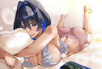 1girl absurdres ass black_hair blue_eyes blue_hair breasts colored_inner_hair commentary daaku_(koizumi_arata) english_commentary fangs feet_up grey_tank_top hair_intakes highres hololive hololive_english hugging_object large_breasts multicolored_hair open_mouth ouro_kronii pillow pillow_hug pink_shorts shorts solo tank_top virtual_youtuber