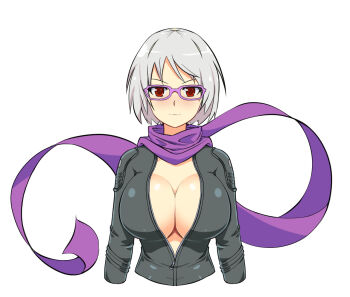 Rule 34 | 1girl, biker clothes, bikesuit, black bodysuit, bob cut, bodysuit, breasts, cleavage, closed mouth, commentary, english commentary, glasses, grey hair, kisaragi (senran kagura), kometoze, large breasts, long scarf, looking at viewer, open bodysuit, open clothes, partially unzipped, purple-framed eyewear, purple scarf, red eyes, scarf, senran kagura, senran kagura new wave, short hair, simple background, smile, solo, unzipped, upper body, white background
