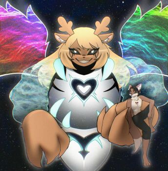 1boy 1girl asriel_dreemurr asriel_dreemurr_(god_of_hyperdeath) black_sclera blonde_hair brown_fur brown_hair colored_sclera commission commissioner_upload dark_fountain_(deltarune) deer_girl deltarune fox_boy furry furry_female furry_male heart heart_necklace highres jewelry necklace noelle_holiday non-web_source size_difference sk3tchk4t undertale utdr_(toby_fox) white_eyes wings