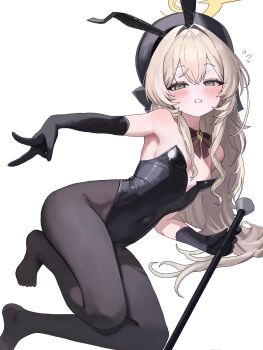 1girl alternate_costume animal_ears arched_back armpits bare_shoulders beret black_bow black_gloves black_hairband black_hat black_leotard black_pantyhose blonde_hair blue_archive blush bow bowtie cane covered_navel crossed_bangs dot_nose elbow_gloves fake_animal_ears feet flat_chest flying_sweatdrops gloves green_eyes hair_between_eyes hair_over_shoulder hairband half-closed_eyes halo hat hat_bow highleg highleg_leotard highres holding holding_cane leotard loli long_hair looking_at_viewer no_shoes oversized_breast_cup pantyhose parted_lips playboy_bunny professor_niyaniya_(blue_archive) red_bow red_bowtie shogunx1x simple_background solo strapless strapless_leotard thighs toes v very_long_hair white_background yellow_halo