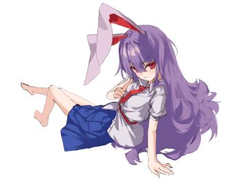 1girl absurdres animal_ears barefoot blue_skirt blush finger_gun highres imperishable_night lab2linch long_hair looking_at_viewer necktie purple_hair rabbit_ears rabbit_girl red_eyes red_necktie reisen_udongein_inaba shirt sitting skirt smile solo touhou white_background white_shirt