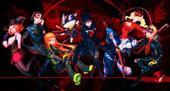 &gt;_o 10s 4boys 4girls absurdres adjusting_hair amamiya_ren animal_ears arms_up ascot bad_id bad_pixiv_id bandana belt belt_pouch black_eyes black_hair black_legwear black_pants blonde_hair blue_eyes blue_footwear blue_gloves blue_hair blunt_bangs bodysuit boots braid breasts brooch brown_eyes brown_hair buckle cat cat_ears cat_tail cleavage cleavage_cutout clothing_cutout coat crossed_legs crown_braid domino_mask elbow_gloves elbow_pads eye_mask feathers foreshortening fox_(persona_5) fox_mask glasses glint gloves grin hair_between_eyes hand_on_own_chest hand_up hat hat_feather headpiece hekoheko highres holding holding_lead_pipe holding_mask holding_sword holding_weapon jewelry joker_(persona_5) kitagawa_yuusuke knee_pads lead_pipe leg_up long_hair long_sleeves looking_at_viewer looking_away looking_to_the_side mask mask_on_head medium_breasts morgana_(persona_5) multicolored_gloves multiple_boys multiple_girls niijima_makoto noir_(persona_5) okumura_haru one_eye_closed oracle_(persona_5) orange_hair outstretched_arms panther_(persona_5) pants pantyhose persona persona_5 pouch queen_(persona_5) red_eyes red_gloves round_eyewear sakamoto_ryuuji sakura_futaba scarf sheath shirt short_hair shoulder_spikes sidelocks skull_(persona_5) slingshot_(weapon) smile spikes sword tail takamaki_anne teeth twintails unsheathing utility_belt very_long_hair wavy_hair weapon whip white_shirt yellow_gloves yellow_scarf