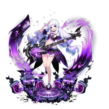 Rule 34 | 1girl, absurdres, ahoge, amplifier, artist request, bare legs, bare shoulders, black collar, blue eyes, blush, bow, collar, cropped shirt, electric guitar, flat chest, flower, full body, guitar, heart, high-low skirt, highres, holding, holding guitar, holding instrument, instrument, last origin, long hair, looking at viewer, magic circle, mary janes, miniskirt, multiple wristbands, navel, non-web source, official art, on magic circle, open mouth, purple bow, purple flower, purple rose, purple shirt, purple shoes, purple skirt, rose, sailor collar, salute, shirt, shoes, sidelocks, skirt, smile, socks, solo, soulworker, standing, standing on one leg, star (symbol), stella unibell, tachi-e, transparent background, white hair, white sailor collar, white socks