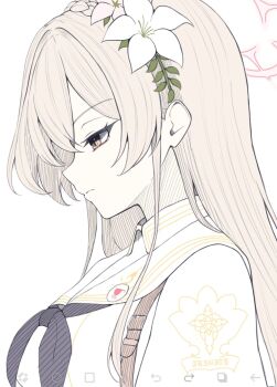 1girl art_program_in_frame black_neckerchief blue_archive braid brown_eyes brown_hair closed_mouth commentary crown_braid flower from_side frown hair_between_eyes hair_flower hair_ornament halo highres ibispaint_(medium) long_hair looking_down nagisa_(blue_archive) neckerchief pink_halo profile sailor_collar school_uniform serafuku serious sidelocks simple_background solo straight_hair trinity_general_school_logo upper_body wa_sumi white_background white_flower white_sailor_collar