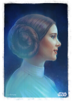 1girl artist_name border brown_eyes brown_hair copyright_name double_bun from_side hair_bun highres outside_border princess_leia solo spiderwee star_wars star_wars:_a_new_hope upper_body white_border