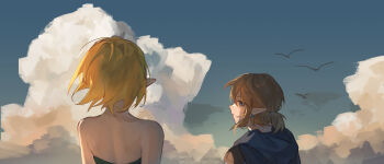 1boy 1girl absurdres armor bare_shoulders bird black_cloak blonde_hair blue_eyes blue_sky cloak closed_mouth cloud cloudy_sky dress floating_island from_behind highres hood hood_down link looking_at_another nintendo pointy_ears ponytail princess_zelda short_hair short_ponytail shoulder_armor sidelocks sky strapless strapless_dress the_legend_of_zelda the_legend_of_zelda:_tears_of_the_kingdom yumiyumo3o
