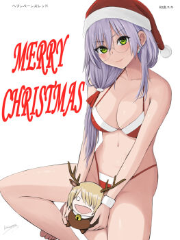 1girl animal_costume antlers bell bikini blush breasts character_doll christmas cleavage closed_mouth collarbone commentary_request doll earrings fur-trimmed_headwear fur_trim glasses green_eyes grey_hair hair_over_shoulder hat heaven_burns_red highleg highleg_bikini holding holding_doll horns izumi_yuki_(heaven_burns_red) jewelry kayamori_ruka large_breasts long_hair looking_at_viewer merry_christmas navel niwatori_kokezou purple_hair red_bikini reindeer_costume round_eyewear santa_bikini santa_costume santa_hat simple_background sitting smile solo swimsuit white_background
