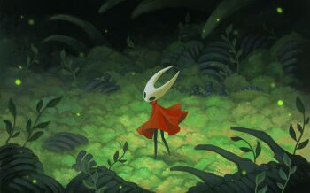 1girl absurdres arthropod_girl black_eyes black_skin cloak colored_skin commentary english_commentary grass highres hollow_knight hollow_knight:_silksong hornet_(hollow_knight) horns leaf lowstrear red_cloak solo standing