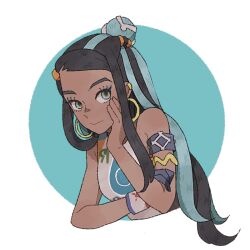 1girl armlet black_hair blue_eyeshadow closed_mouth commentary_request dynamax_band earclip earrings eyelashes eyeshadow gloves hair_bun head_rest hoop_earrings jewelry long_hair looking_at_viewer makeup multicolored_hair nessa_(pokemon) nintendo pao_cha_n pokemon pokemon_swsh sidelocks single_glove solo sports_bra two-tone_hair upper_body
