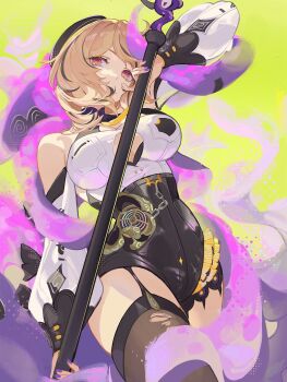 1girl accessories asymmetrical_shorts bare_shoulders beret black_hat blonde_hair breasts brown_thighhighs button_gap cleavage commentary covered_mouth cowboy_shot detached_sleeves garter_straps green_background hat high-waist_shorts highres holding holding_weapon large_breasts looking_at_viewer mole mole_under_mouth monster_girl purple_eyes purple_nails scylla shirt short_hair shorts single_garter_strap single_thighhigh solo suction_cups tentacle_girl tentacle_tail tentacles thighhighs torn_clothes torn_thighhighs wanwu_(nighmist) weapon white_shirt white_sleeves yidhari_murphy zenless_zone_zero