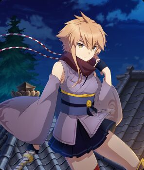 1girl armpit_crease bare_shoulders black_gloves black_skirt blue_sky breasts brown_scarf closed_mouth cloud detached_sleeves dot_nose fingerless_gloves game_cg gloves holding holding_sword holding_weapon japanese_clothes katana kimono looking_at_viewer medium_breasts night ninja obi official_art on_roof orange_eyes orange_hair outdoors purple_kimono purple_sash purple_sleeves red_pupils sash scarf shidou_maki_(toji_no_miko) short_hair_with_long_locks skirt sky sleeveless sleeveless_kimono solo spiked_hair sword third-party_source toji_no_miko toji_no_miko:_kizamishi_issen_no_tomoshibi tree weapon wide_sleeves