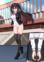 Rule 34 | 1girl, absurdres, bdsm, black hair, black jacket, bottomless, bound, bound arms, bound wrists, breasts, brown eyes, brown hair, chain, colored inner hair, cuffs, elbow cuffs, handcuffs, highres, indie virtual youtuber, jacket, kenen tanabata, loafers, long hair, medium breasts, multicolored hair, outdoors, projected inset, pussy, sex toy, shirt, shoes, side ponytail, solo, thighhighs, two-tone hair, vibrator, vibrator in thighhighs, walking, white shirt