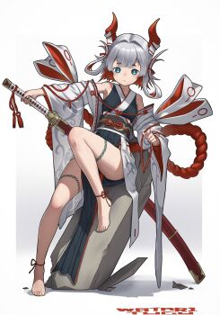 1girl absurdres akemiya_genma ankle_ribbon bare_shoulders barefoot black_kimono black_sash border breasts bright_pupils center-flap_bangs closed_mouth colored_inner_hair commentary double-parted_bangs expressionless fading_border feet green_eyes grey_hair hair_intakes hair_rings highres holding holding_sword holding_weapon horns huge_weapon japanese_clothes katana kimono leg_ribbon leg_tattoo looking_at_viewer multicolored_hair obi obijime original pelvic_curtain red_hair red_horns red_ribbon ribbon rope sash shadow sheath sheathed shimenawa short_eyebrows short_hair small_breasts solo sword tattoo toes two-tone_hair weapon white_border white_pupils wide_sleeves