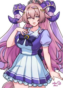 1girl :d alternate_costume breasts commentary english_commentary fire_emblem fire_emblem_heroes goat_horns gradient_eyes hand_on_own_chest highres horns large_breasts long_hair looking_at_viewer multicolored_eyes nerthuz_(fire_emblem) nintendo open_mouth pink_hair rotomdocs school_uniform simple_background smile solo thighs tracen_school_uniform umamusume very_long_hair white_background