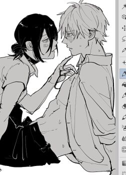 1boy 1girl art_program_in_frame assertive_female black_choker black_hair black_pants blush chainsaw_man choker collared_shirt couple denji_(chainsaw_man) finger_to_another&#039;s_mouth grenade_pin hair_between_eyes hair_bun hetero leaning_forward looking_at_another mcybkw82 medium_hair midriff open_clothes open_shirt pants parted_lips reze_(chainsaw_man) shirt short_hair short_sleeves sleeves_rolled_up sweat updo white_background white_shirt