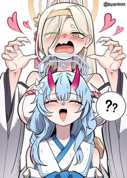 2girls :d ? ^_^ animal_ears arms_up asymmetrical_bangs behind_another blonde_hair blue_archive blue_hair blue_ribbon blush breasts chise_(blue_archive) closed_eyes commentary_request curtained_hair demon_horns detached_sleeves eyes_visible_through_hair fingernails flower fox_ears hair_between_eyes hair_flower hair_ornament hair_over_one_eye hairband halo heart heart-shaped_pupils highres horns japanese_clothes kaho_(blue_archive) kimono korean_commentary large_breasts layer_(layer_illust) long_fingernails multiple_girls numbered one_eye_covered open_mouth red_rope ribbon rope sailor_collar sideless_kimono sidelocks skin-covered_horns small_breasts smile spoken_question_mark symbol-shaped_pupils wavy_mouth white_kimono white_sailor_collar