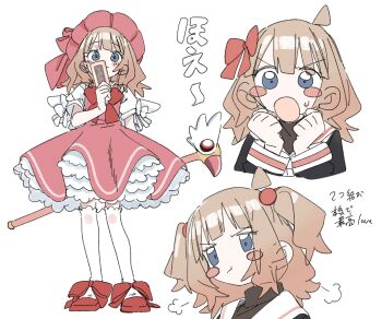 1girl ahoge black_shirt blue_eyes blush_stickers bow bowtie brown_hair card cardcaptor_sakura commentary_request cosplay dress full_body fuuin_no_tsue hair_bobbles hair_bow hair_ornament hat highres holding holding_card holding_staff idolmaster idolmaster_million_live! kinomoto_sakura kinomoto_sakura_(cosplay) kinomoto_sakura_(magician) layered_dress meeeeeeco359 mob_cap multiple_views pink_dress pink_hat puffy_short_sleeves puffy_sleeves red_bow red_bowtie red_shoes school_uniform shirt shoes short_sleeves short_twintails staff suou_momoko thighhighs tomoeda_elementary_school_uniform translation_request twintails upper_body white_thighhighs