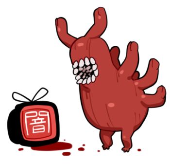 Rule 34 | blood, copyright request, extra digits, full body, lowres, monster, no humans, open mouth, rabbit ears antenna, sido (slipknot), simple background, solo, teeth, television, white background