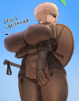 1girl absurdres arm_under_breasts armor arrow_(symbol) blonde_hair boots breasts cleric commentary covered_erect_nipples embarrassed english_commentary english_text gauntlets hair_over_one_eye health_bar highres huge_breasts mmorpg one_eye_covered original shield short_hair sky thigh_boots user_interface wass_nonnam