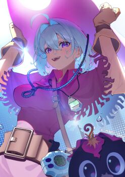 Rule 34 | 1girl, absurdres, ahoge, amulet, bag, belt, bloom, blue hair, breasts, brown bag, brown belt, capelet, collared dress, colored inner hair, cosplay, digimon, digimon adventure, digivice, dress, fringe-trimmed capelet, grey hair, hair between eyes, hair intakes, hands on headwear, hat, highres, ine (vtuber), looking at viewer, magictuna, medium breasts, medium hair, multicolored hair, open mouth, oversized belt, palmon, pink capelet, pink dress, pink hat, purple eyes, smile, sweat, tachikawa mimi, tachikawa mimi (cosplay), twitter username, virtual youtuber, waktaverse