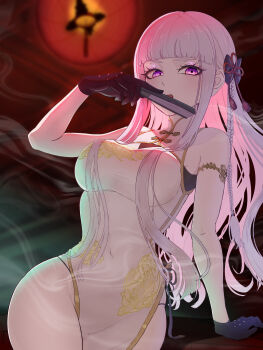 1girl absurdres arm_support bare_shoulders black_gloves blunt_bangs braid breasts china_dress chinese_clothes commentary_request covered_navel cowboy_shot danganronpa:_trigger_happy_havoc danganronpa_(series) dress eyelashes gloves glowing glowing_eyes hair_ribbon hand_fan hand_up highres holding holding_fan kirigiri_kyoko large_breasts long_hair mion_danron open_mouth pink_eyes red_background red_ribbon ribbon side_braid smoke solo standing teeth upper_teeth_only very_long_hair white_dress