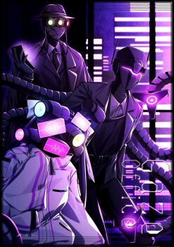 1girl 2boys alloc_(project_moon) android black_gloves black_jacket black_necktie bono_(project_moon) bow cardiogram collared_shirt dalloc_(project_moon) fedora gloves hand_up hat highres jacket lapels library_of_ruina mechanical_tentacles monitor multiple_boys necktie notched_lapels project_moon shirt sleeves_past_fingers sleeves_past_wrists smile suillus white_bow white_jacket white_shirt window