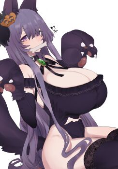 1girl animal_ears animal_hands black_gloves black_ribbon black_thighhighs blush bone breasts brooch cleavage clothing_cutout commentary cutout_above_navel elbow_gloves eurasia_(wtp09ptw14) food-themed_hair_ornament francoise_(eurasia) gloves hair_ornament highres huge_breasts jack-o'-lantern jack-o'-lantern_hair_ornament jewelry long_hair long_sidelocks looking_at_viewer mouth_hold neck_ring original paw_gloves pumpkin_hair_ornament purple_eyes purple_hair ribbon sidelocks simple_background sitting solo symbol-only_commentary tail thighhighs very_long_sidelocks white_background