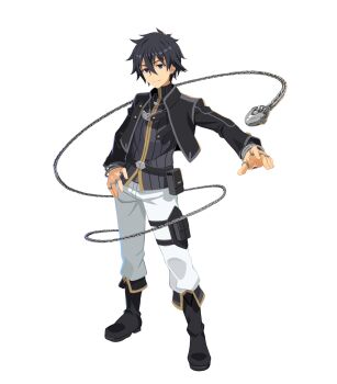 1boy belt black_footwear black_hair black_jacket boots bracelet chain chain_necklace disgaea disgaea_rpg ear_piercing earrings fingernails full_body hair_between_eyes hand_on_own_hip harada_takehito highres jacket jewelry krai_andrey long_sleeves looking_at_viewer male_focus multiple_rings nageki_no_bourei_wa_intaishitai necklace pants piercing ring single_earring smile transparent_background white_pants
