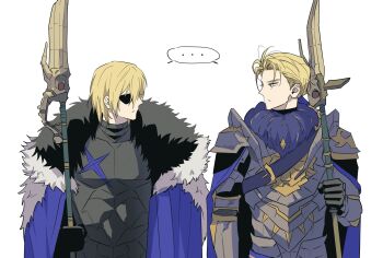 ... 2boys armor black_armor black_fur blonde_hair blue_cape blue_fur breastplate cape commentary commentary_request dimitri_alexandre_blaiddyd dimitri_alexandre_blaiddyd_(timeskip) dotomsamg eye_contact eyepatch fire_emblem fire_emblem:_three_houses fire_emblem_warriors:_three_hopes fur-trimmed_cape fur_trim hair_between_eyes highres holding holding_polearm holding_weapon korean_commentary looking_at_another looking_to_the_side male_focus medium_hair multiple_boys nintendo one_eye_covered pauldrons polearm ponytail shared_speech_bubble short_ponytail short_sideburns shoulder_armor simple_background speech_bubble spoken_ellipsis upper_body weapon white_background white_fur