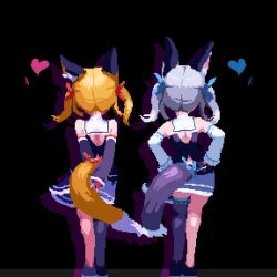 2girls animal_ear_fluff animal_ears animated arms_behind_back ass_shake asymmetrical_legwear back bare_shoulders birdman46049238 black_background blonde_hair blue_tail dancing detached_sleeves fox_ears fox_tail from_behind hair_ornament hair_ribbon hands_on_own_hips heart miniskirt multiple_girls pixel_art ribbon simple_background single_thighhigh skirt tagme tail tail_ornament tail_ribbon thighhighs video white_hair white_tipped_tail yellow_tail